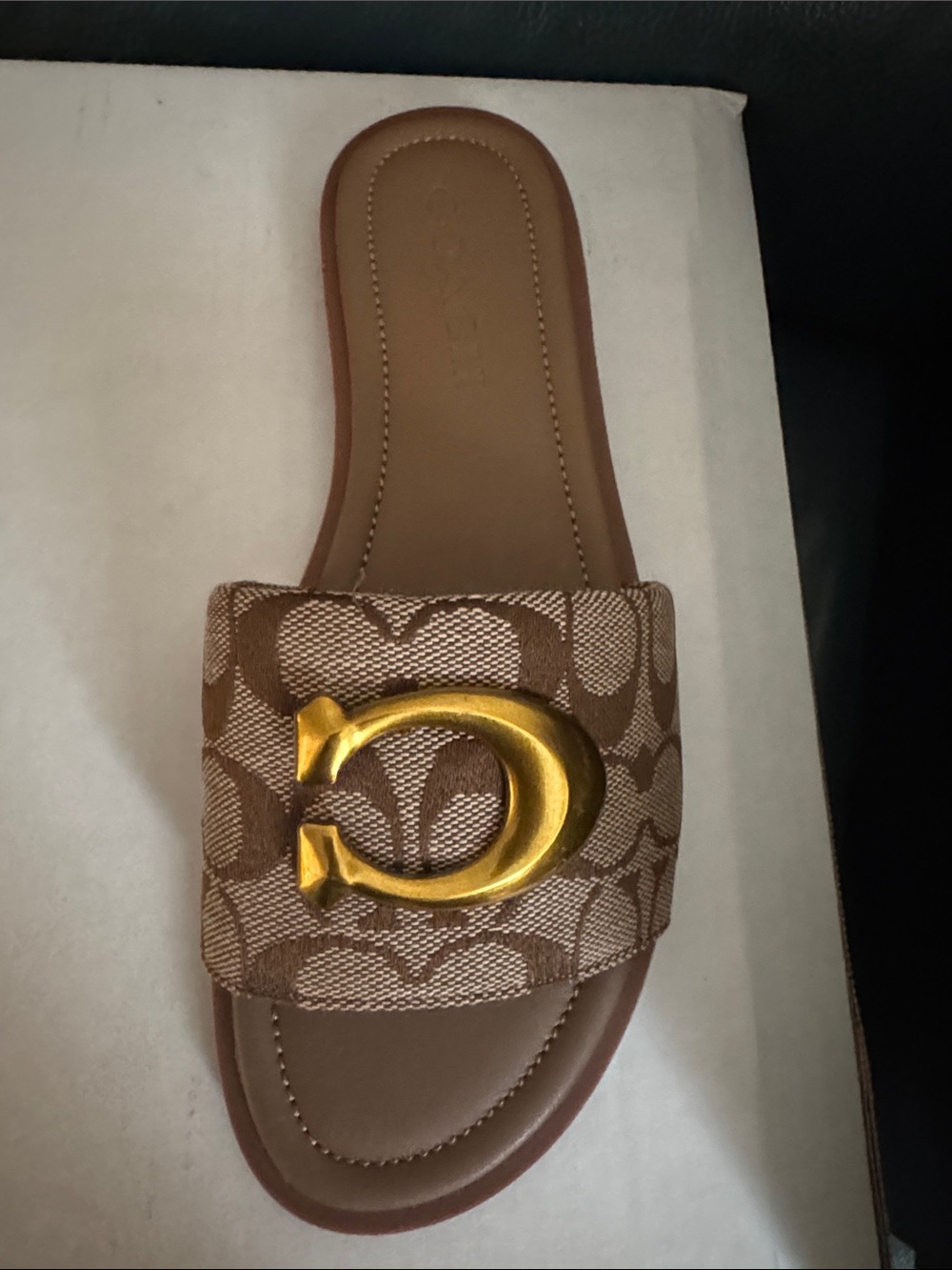 Coach Tan Signature Jacquard Slide with Gold 'C' Accent